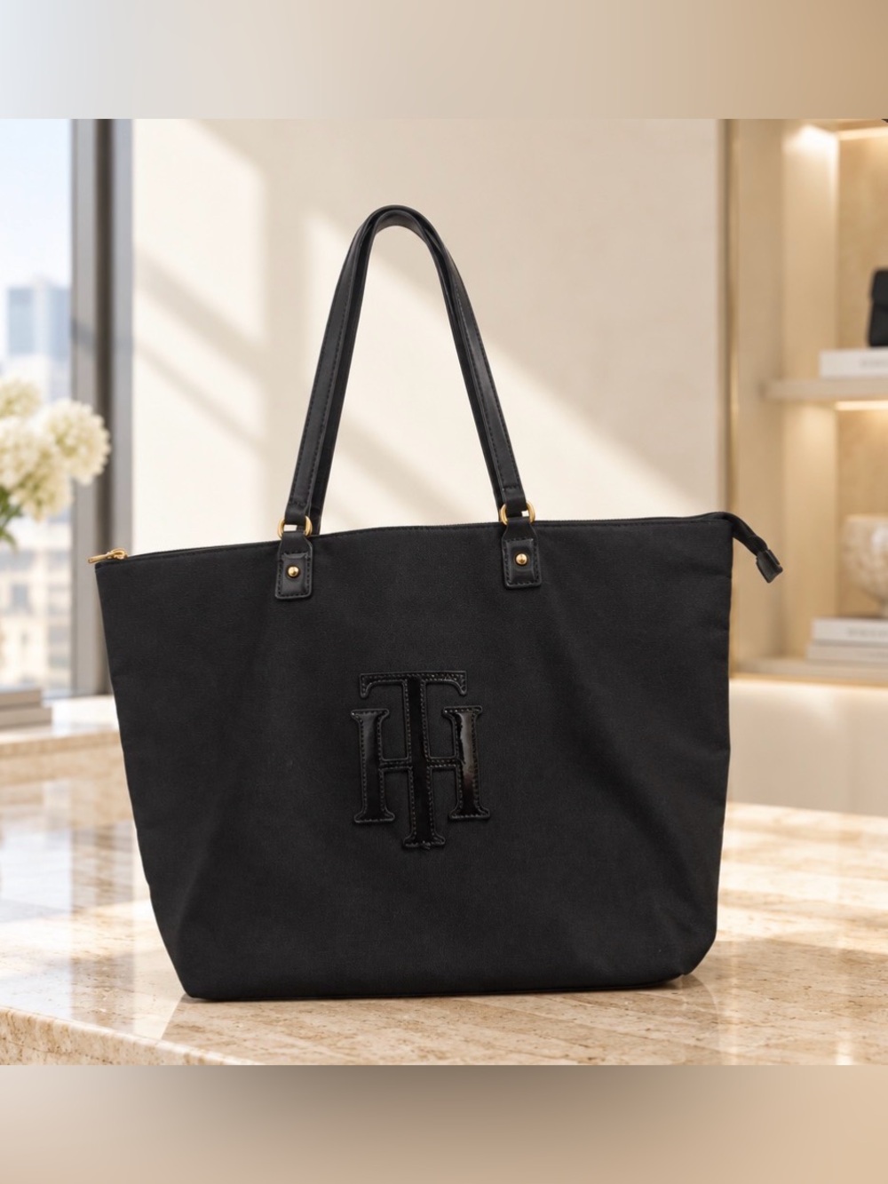Tommy Hilfiger Black Canvas Tote with Embossed TH Emblem